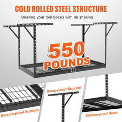 Black adjustable steel overhead garage storage rack with hooks for versatile organization.