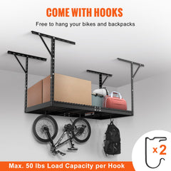 Black adjustable steel overhead garage storage rack with two hooks and sturdy construction.
