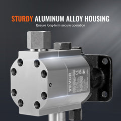 Silver aluminum alloy hydraulic log splitter pump with sturdy housing and mounting brackets.