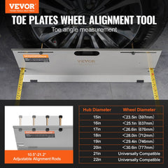 Stainless steel wheel alignment toe plates tool kit with adjustable rods and magnetic tape measure.