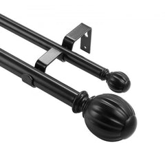 Black double curtain rod adjustable from 36 to 72 inches with round finials and brackets.
