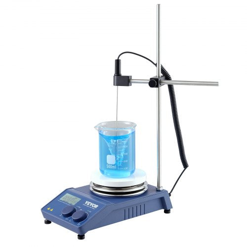 Blue magnetic stirrer hot plate with digital display and beaker of blue liquid on top