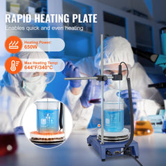 Laboratory magnetic stirrer hot plate with 650W power, 340°C max temperature, and a beaker on the stand.