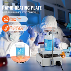 White magnetic stirrer hot plate with 900W power, 380°F max temperature, and lab beaker on stand.