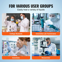 Collage of lab professionals using a magnetic stirrer hot plate for heating and mixing liquids.