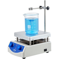 Blue Bostome magnetic stirrer hot plate with glass beaker of blue liquid on stand.