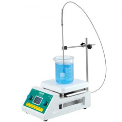 Bostome magnetic stirrer hot plate with 2000 RPM, 300°C, 2000mL capacity, LED display, and blue liquid beaker.