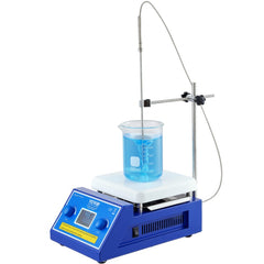 Blue magnetic stirrer hot plate with stand holding a beaker of blue liquid.