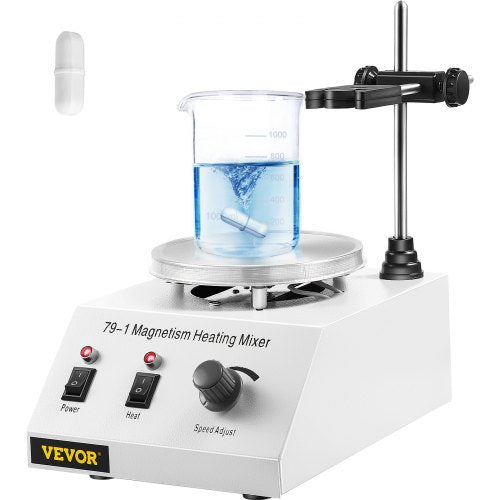A white magnetic stirrer hot plate with a beaker of blue liquid and a stir bar.