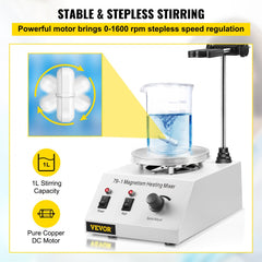Bostome 250W magnetic stirrer hot plate with 70°C heating, 1600 RPM speed, and 1L capacity.