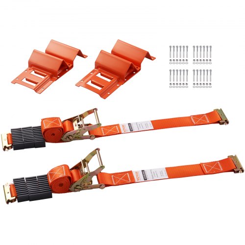 Orange wheel chock tie down kit with two 96-inch heavy-duty straps and screws.