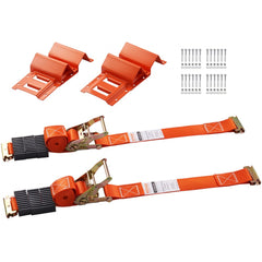 Orange wheel chock tie down kit with two 96-inch heavy-duty straps and screws.