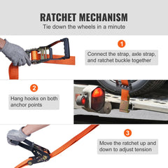 Bostome orange ratchet tie down strap with hooks securing a vehicle wheel on a trailer.