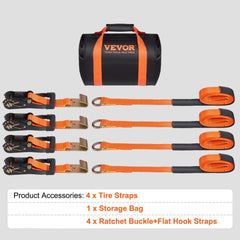 Bostome Lasso Style Car Tie Down Straps Kit with 4 orange 2" x 120" straps, ratchet buckles, flat hooks, and storage bag.