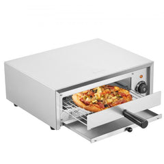 Stainless steel 12-inch electric pizza oven with open tray holding a pizza and temperature knob.