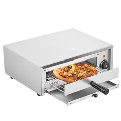 Stainless steel 12-inch electric pizza oven with open tray holding a pizza and temperature knob.