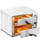 White electric countertop pizza oven with open doors showing two racks baking 12-inch pizzas.