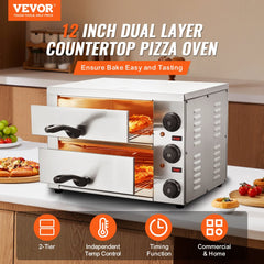 12-inch dual-layer electric countertop pizza oven with adjustable temperature and timer controls