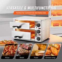 Silver countertop electric pizza oven with dual doors, controls, and images of pizza, steak, toast, and chicken wings.