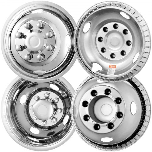 Four 16-inch stainless steel wheel simulators for Ford F350, with bolt patterns and vents.