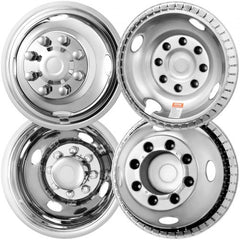 Four 16-inch stainless steel wheel simulators for Ford F350, with bolt patterns and vents.