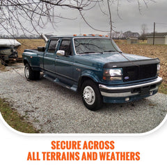 A teal 1990s Ford F350 dually truck with shiny stainless steel wheel simulators on gravel under cloudy skies.