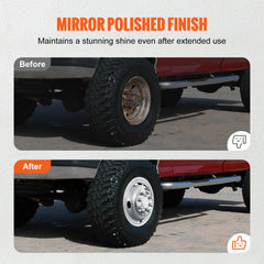 Before-and-after images of a red Ford F350 truck's wheels with dull hubcaps versus shiny stainless steel wheel simulators.