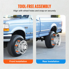 Diagram shows tool-free installation of 16-inch stainless steel wheel simulators on a Ford F350 truck, with front and rear views.