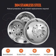 Stainless steel wheel simulators for Ford F450/F550 with a polished finish and heat dissipation holes.