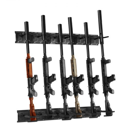 Bostome 6-slot vertical gun rack wall mount with rubber-coated hooks for secure firearm storage.