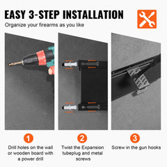 Heavy duty metal vertical gun rack with six slots for rifles and shotguns, wall-mounted design.