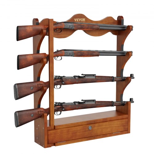 Bostome wood gun rack wall mount with four padded slots for rifles and shotguns in light red finish.