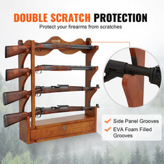 Bostome wood gun rack wall mount with four padded slots for rifles and shotguns in light red finish.