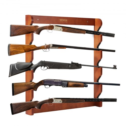 Wooden wall-mounted gun rack holding five rifles, made of solid pine.