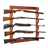 Wooden wall-mounted gun rack holding five rifles, made of solid pine.