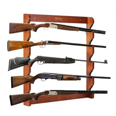 Wooden wall-mounted gun rack holding five rifles, made of solid pine.