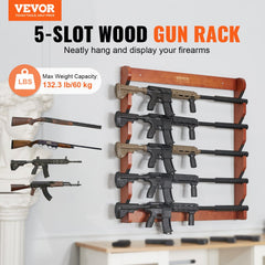 Solid pine wood gun rack wall mount displaying five rifles with 132 lb capacity.