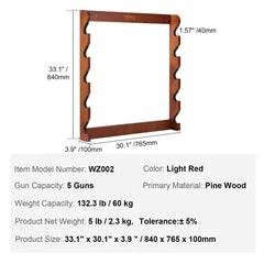 Wall-mounted solid pine wood gun rack for 5 rifles with 132 lb capacity.