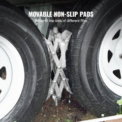 Bostome RV wheel chock stabilizer made of carbon steel, fits 1.5-10 inch tires for stability.