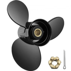 Black 3-blade aluminum outboard propeller with 13 1/4 x 17 pitch for Evinrude.