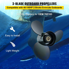Aluminum 3-blade outboard propeller, 13 1/4 x 17 RH for Evinrude, shown installed on motor.