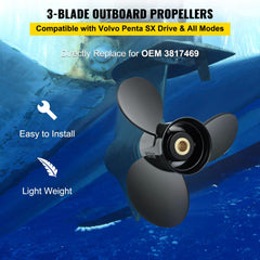 3-blade aluminum outboard propeller for Volvo Penta SX Drive, 14 1/4 x 21 inches.