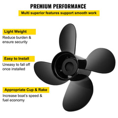 Aluminum alloy 4-blade outboard propeller, 14 1/2" diameter and 17" pitch.