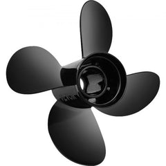 Black 4-blade aluminum outboard propeller, 14x19 inch, right-hand rotation.