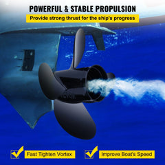 Four-blade aluminum outboard propeller with 14x19 pitch for 135-300 HP engines, shown underwater ejecting water.