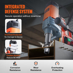 Portable magnetic drill press with 1300W motor and 2922lbf electromagnetic base.