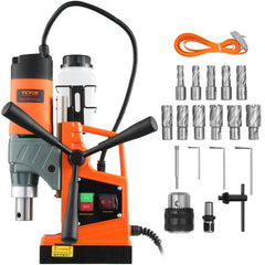 Orange Bostome 1450W magnetic drill press with 1.57-inch boring capacity, 12500N force, and accessory bits.