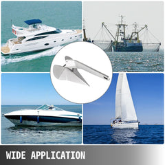 Silver 316 stainless steel delta boat anchor with lead ballast, shown against various boats and marine scenes.