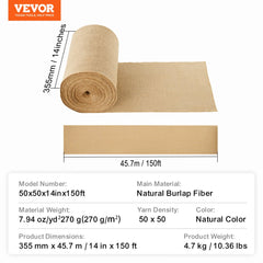 Natural burlap fabric roll, 14 inches wide by 150 feet long, made of hemp fiber.