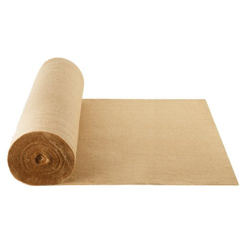 Natural burlap fabric roll, 40 inches wide by 300 feet long, suitable for crafts and gardening.